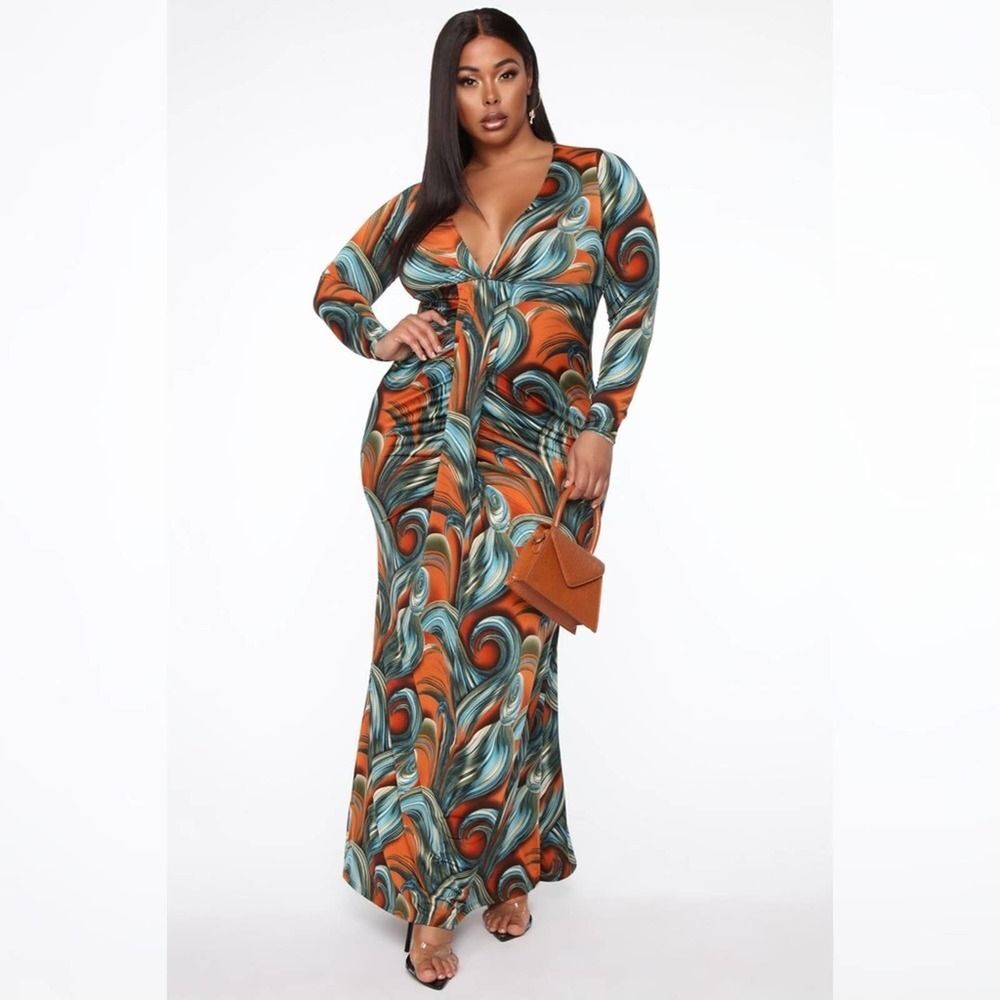 Fashion Nova Deep V Neck Long Sleeves Blouson Bodycon Dress Size XL !